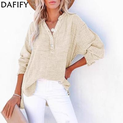 Damenmode, lässig, Frühling und Herbst, einfarbig, langärmelig, V-Ausschnitt, Blusen und Hemden