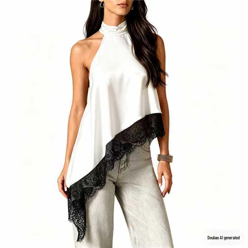 2025 Women's Satin Halter Neck Sleeveless Asymmetrical Camisole with Lace Trim