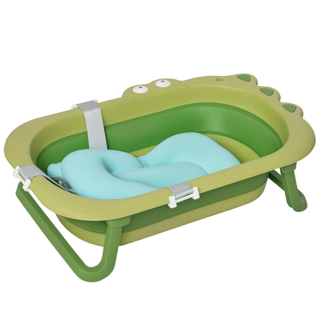 Baignoire Bébé Pliable, 0-3 Ans, Coussin Bleu, Pieds Antidérapants, 80x53.9x20.8 cm, Vert