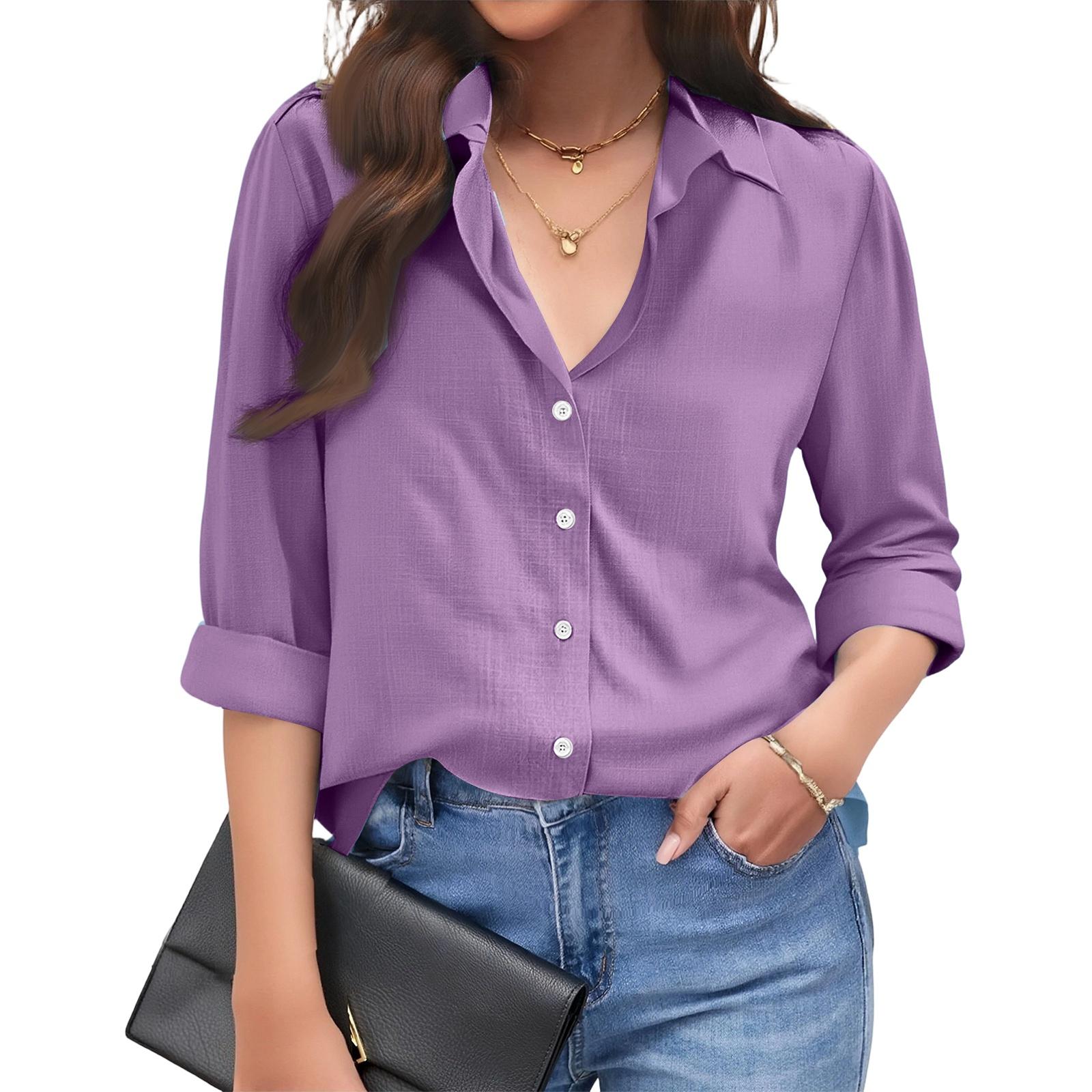 Women s Color Casual Loose Long-sleeved Linen Shirt XL фиолетовый