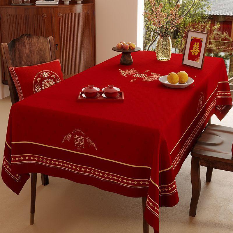 Elegant Red Wedding Tablecloth Rectangular Velvet Waterproof Decorative Dining Table Cover Banquet Celebration