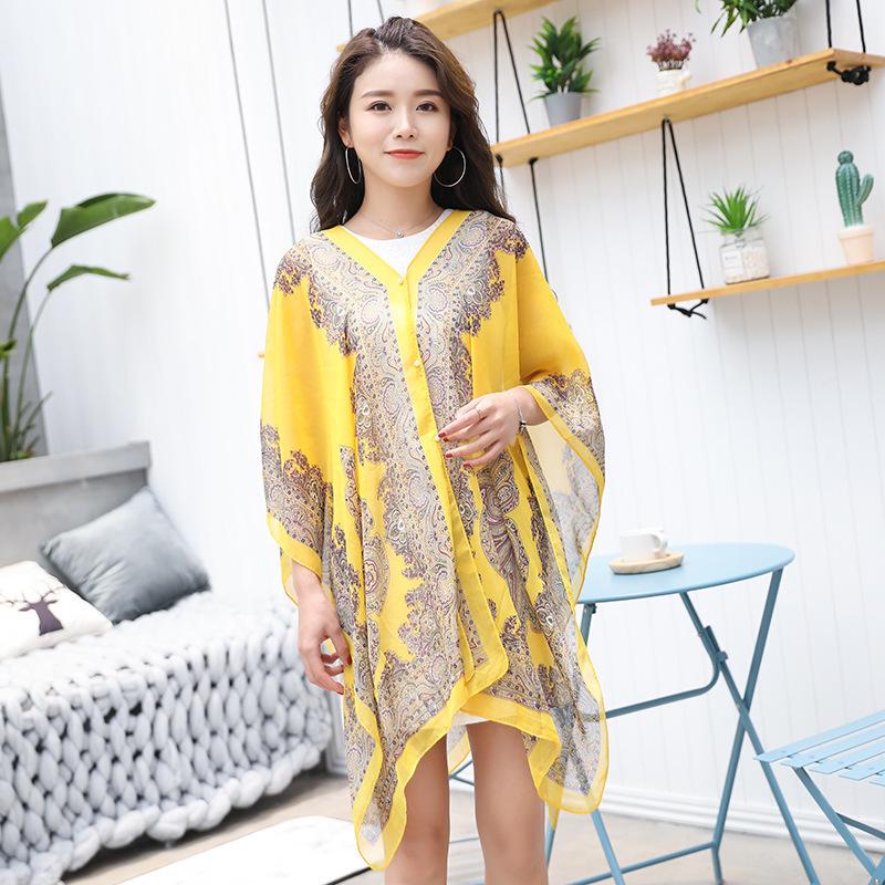 Women's Cashew Print Pearl Beaded Chiffon Scarf - Sun Protection, Extra Large, Thin Beach Towel Wrap