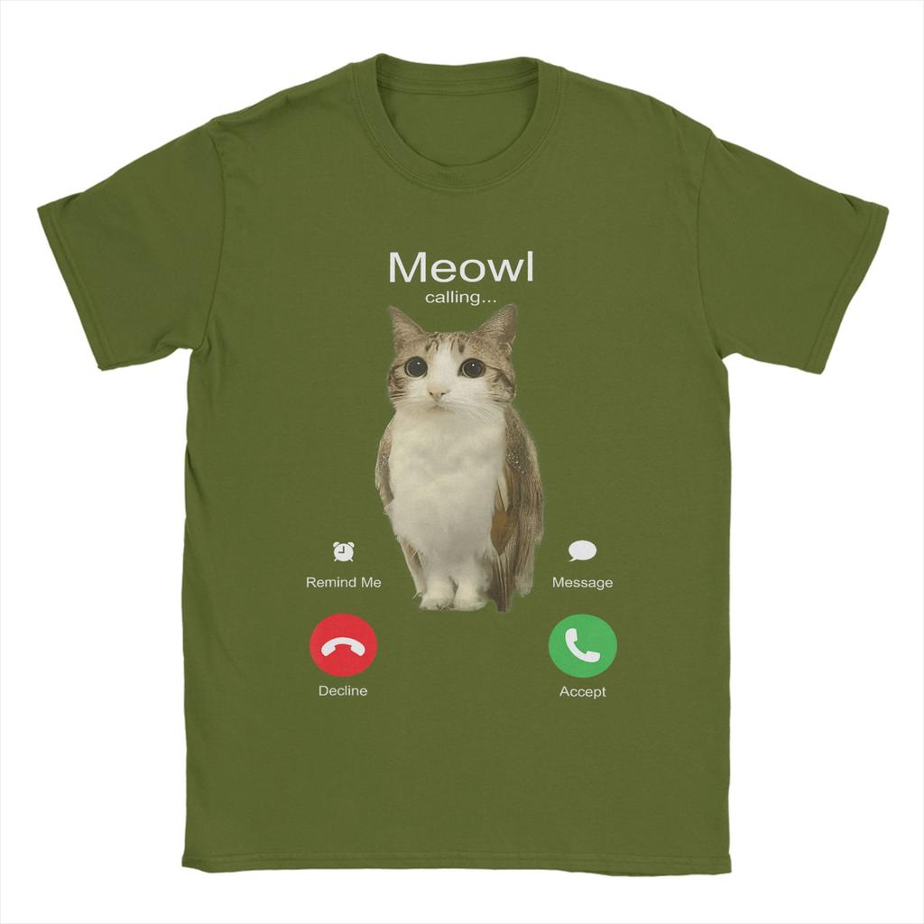 Men TShirt Meowl Is Calling Phone Call Meme Brainrot Funny Cat Owl Cotton Tees Short Sleeve T Shirts Round Neck Clothing