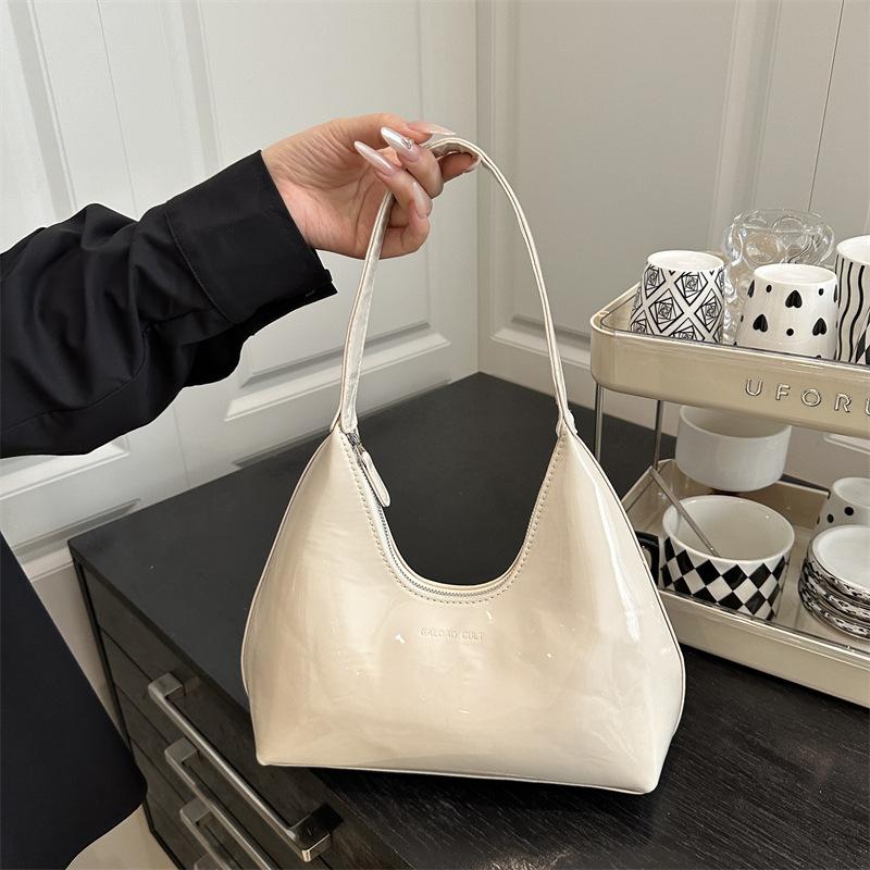 Glossy Faux Leather Crescent Bag for Women Fashionable Handheld Shoulder Purse Trendy Daily Clutch