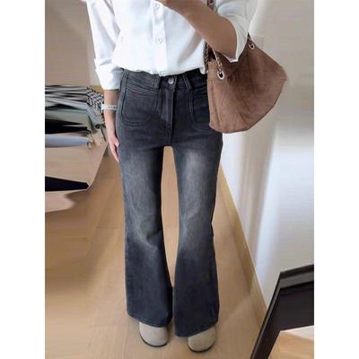 2025 Nieuwe Zwart-Grijze Jeans met Hoge Taille en Micro-Flare voor Kleine Vrouwen, Lengte tot de Vloer, Perfect voor Lente & Herfst