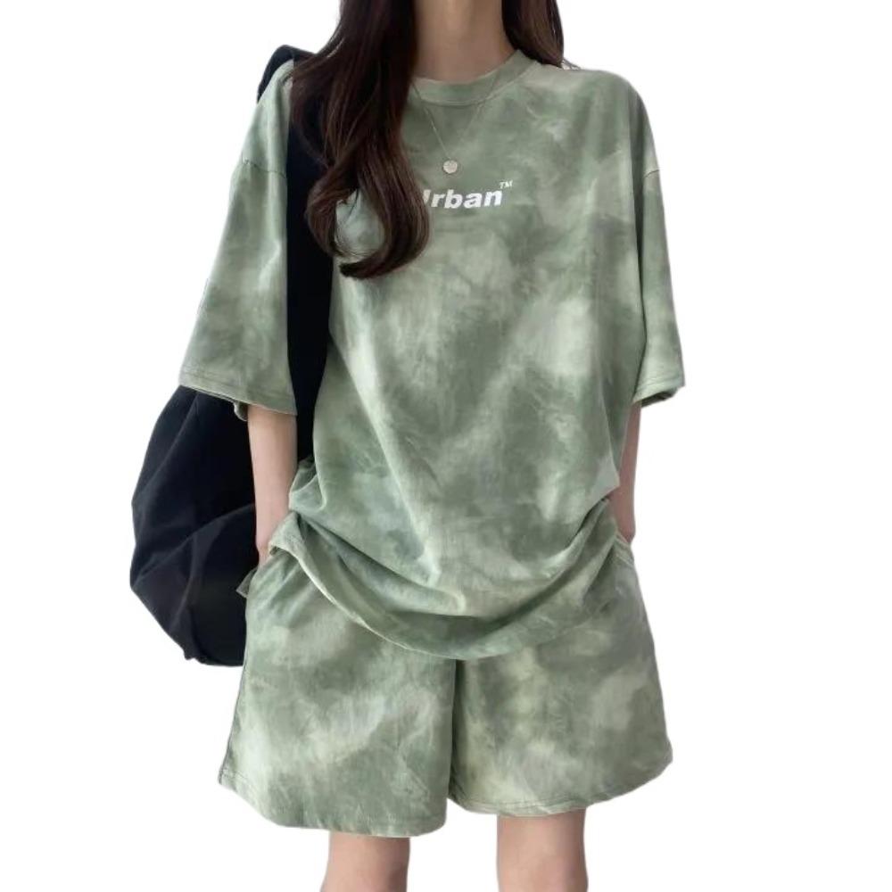 Letter Two-piece Tracksuit Large Size Summer Loose Suit Short Sleeve T-shirt Shorts  Female