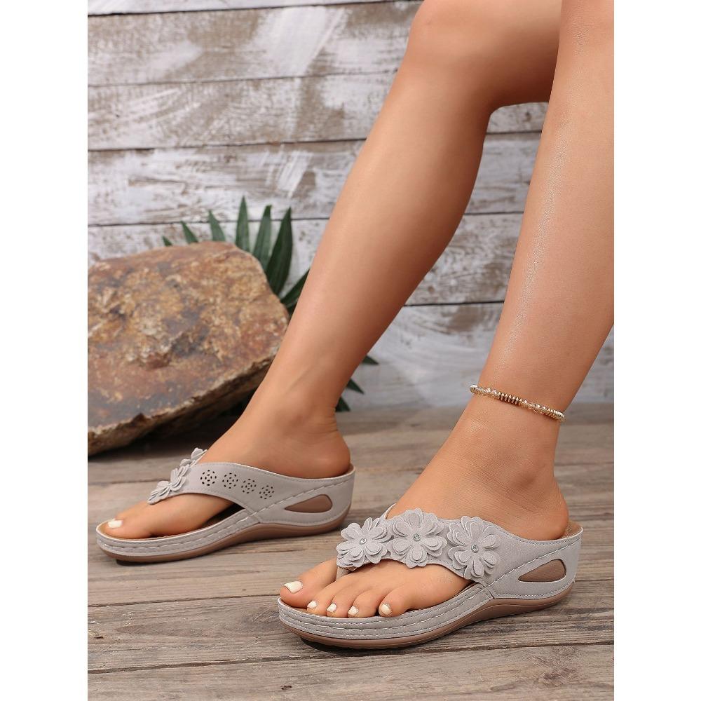 Women's Fashion Slip-On Flip Flops, Floral Decor Flat Sandals, Comfort PU Sole Casual Shoes for All Seasons