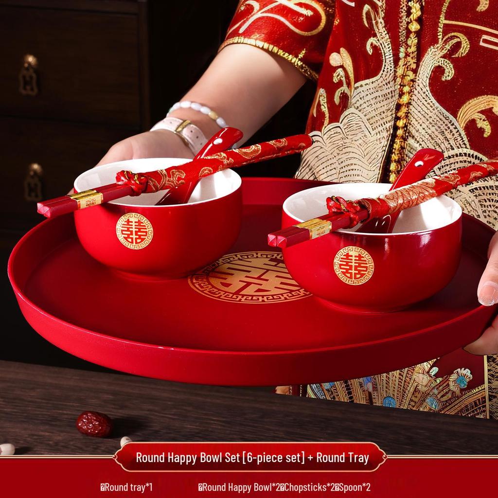 Red Wedding Tea Set: Teacups, Bowls, Chopsticks for Toasting & Dowry