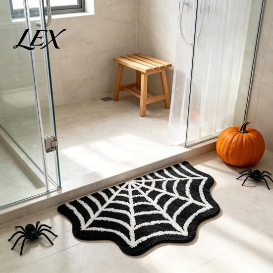 Halloween Floor Rug Spider Web Bath Mat, Gothic Bathroom Rug, Non-slip Indoor Outdoor Porch Black Bat for Home Entrance Bedroom Decor