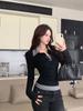 Women's Autumn & Winter Long-Sleeve T-Shirt: Slim-Fit, Color Block, Patchwork, Fake Two-Piece Versatile Base Layer Top.