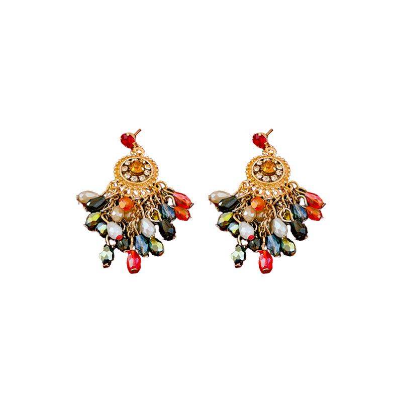 High-End Silver Needle Crystal Tassel Earrings: Diamond Inlaid Floral Retro Ethnic Style