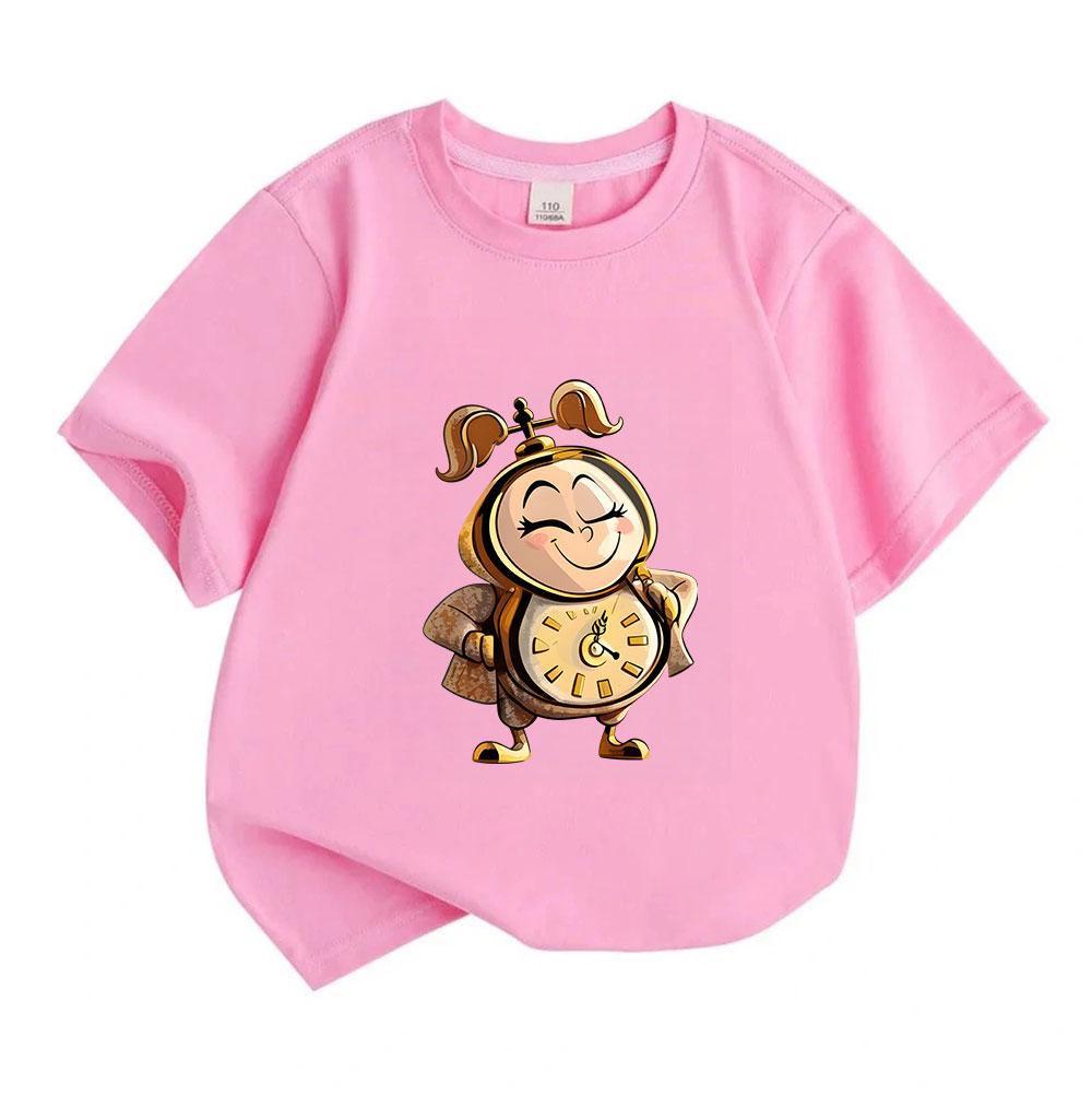 Kids Boys Girls 100% Cotton Crew Neck Short Sleeve T-Shirt, Cute Cartoon Clock Girl Printed Casual Soft Tee for Daily Wear