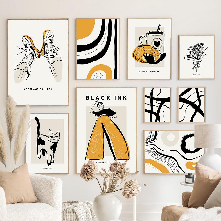 Girl Coffee Cat Flower Minimalist Wall Art Canvas Painting Abstract Line Posters And Prints Pictures For Living Room Home Decor