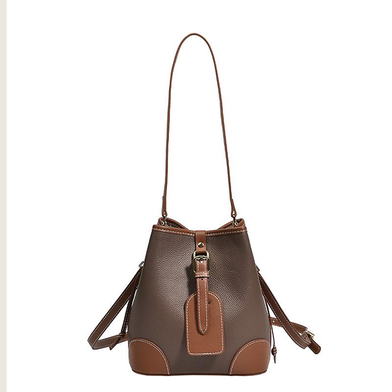 Genuine Leather Color Matching Bucket Bag Ladies Hand Bags New Trendy and Versatile Women's Bag Niche Leather Bag