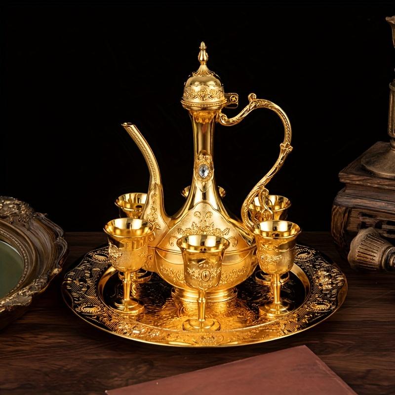 Sada vintage kovové turecké konvice na kávu, sada v evropském stylu, čajová sada 6 luxusních kávových šálků, řemeslný čajový tác a konvice na servírování čaje, kávy a cappuccina