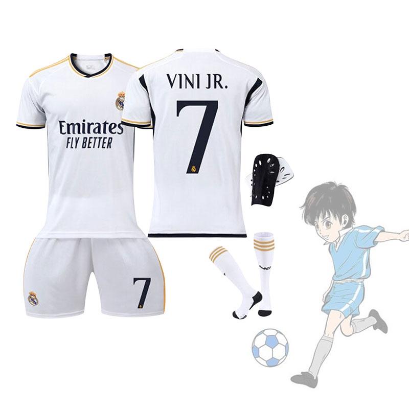 Real Madryt Domowy 7 Vini.jr Zestaw Koszulki Piłkarskiej Dla Dzieci i Dorosłych Tkanina Poliestrowa Koszulka Spodnie Skarpety i Sprzęt Ochronny w Zestawie