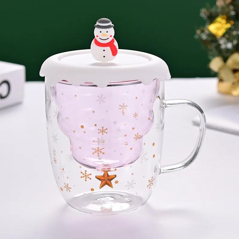 Double Layer Insulated Christmas Cup with Lid Coffee Cup High Borosilicate Glass Cup Wholesale with Handle Glass Decorative Cup