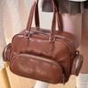 Retro Multi Pocket Boston Bag Women Ladies Academic Style Leather Large Capacity Shoulder Bag Ladies Premium Versatile Handbag