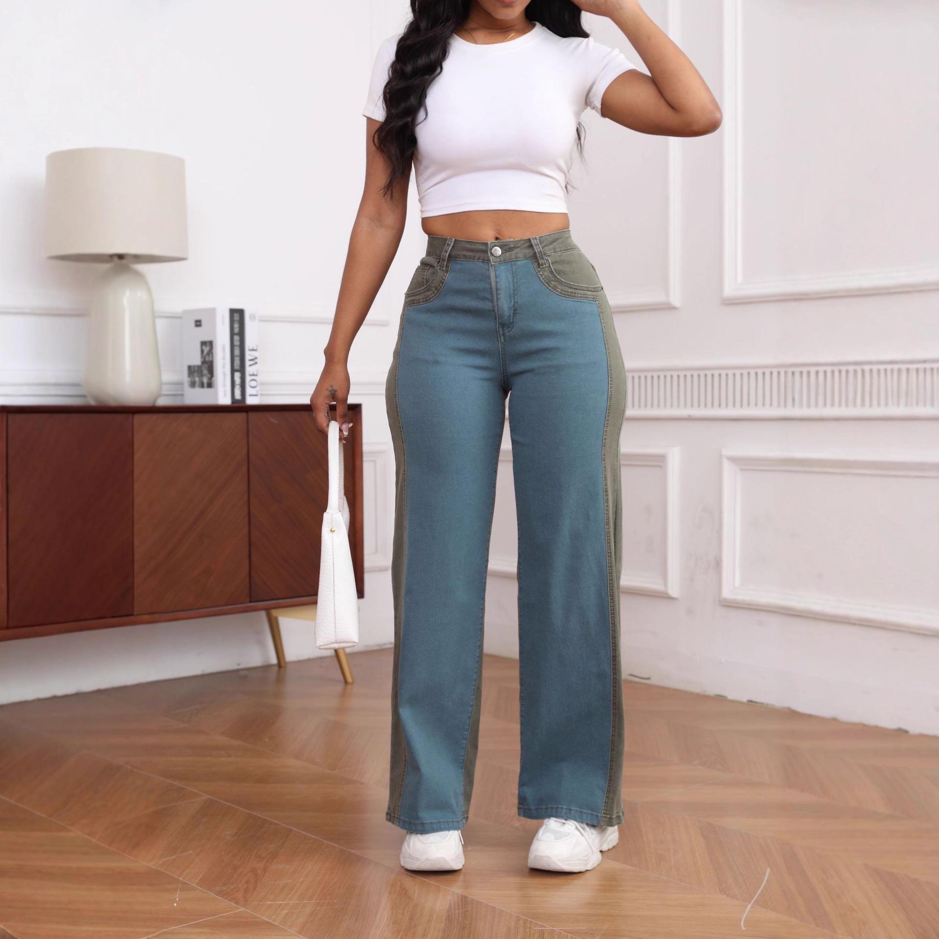 

Elastic Contrast Color Washed Wide-Leg Denim Pants Large темно-зеленого