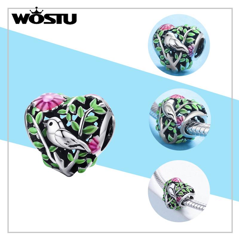 WOSTU Fashion Spring Series Charms Beads Real 925 Sterling Silver Flower Bird Pendent Fit Original DIY Bracelet Necklace Jewelry