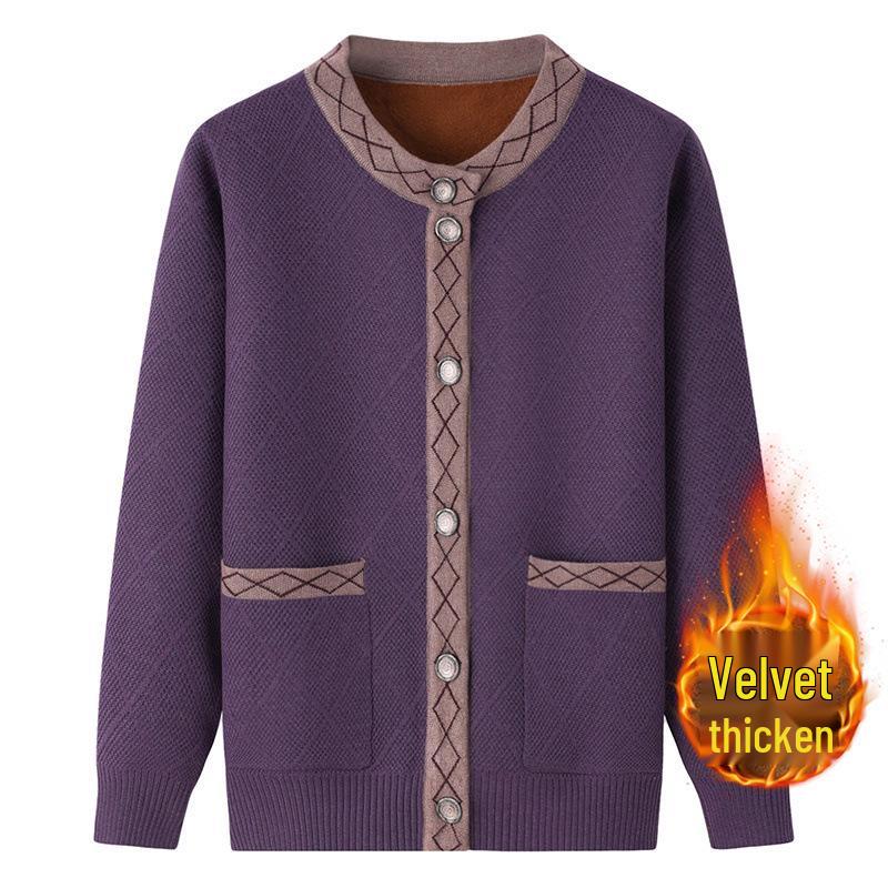 Women's Fleece-Lined Knitted Cardigan for Autumn/Winter - Ideal for Middle-Aged and Elderly.