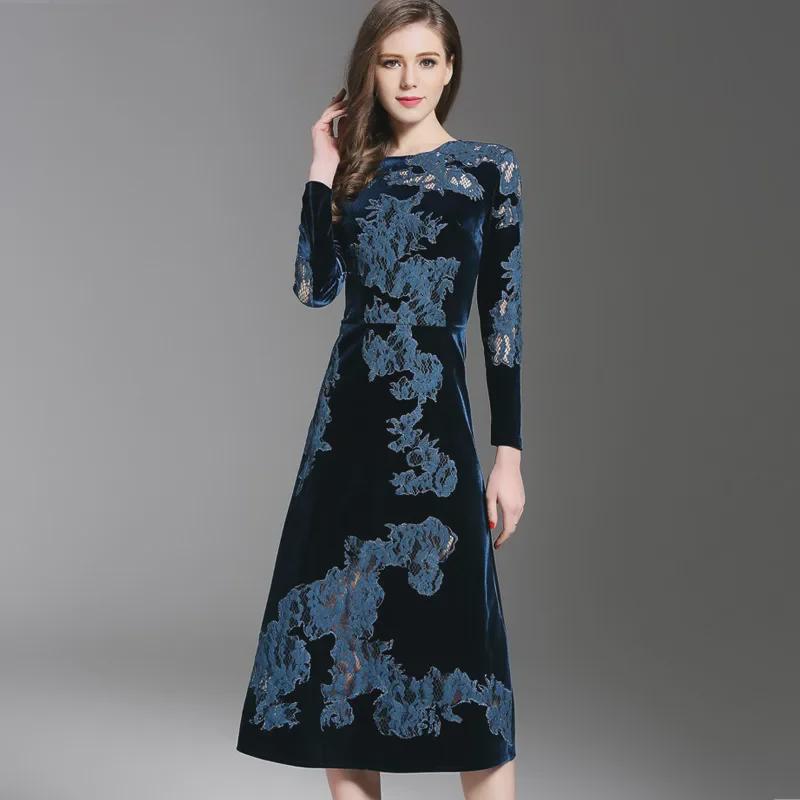 Damska sukienka midi z haftem z złotego aksamitu - Styl koreański