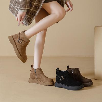 Thick-soled Shoes, Retro Boots, Women's Autumn and Winter New Style Fleece Shoes, Casual and Versatile Ankle Boots
