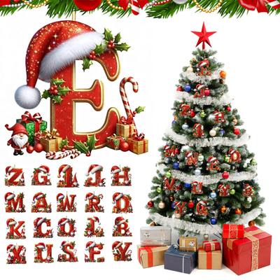 Rote Initialen Weihnachtsornamente 2D Acryl Personalisierte Wichtel Monogramm Anhänger mit Weihnachtsmütze 26 Buchstaben Weihnachtsbaum Hängende Dekoration Xmas