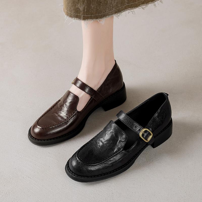 Fashion 2025 New Spring Genuine Leather Women Shoes Round Toe Women Pumps Brogue Designs Shoes for Women Med Heel Loafers Ladies Shoes