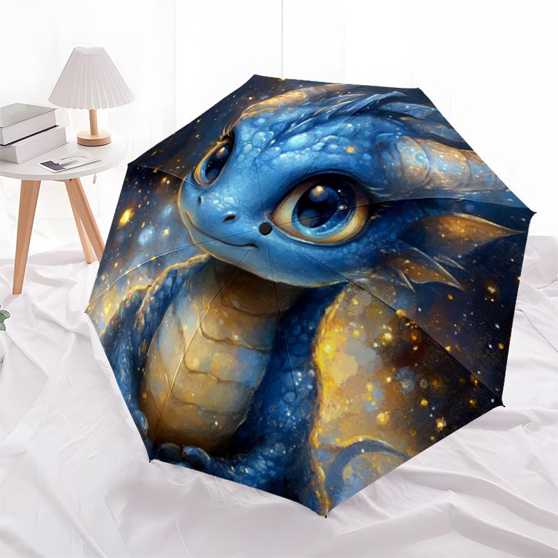 1 Stück Automatischer Faltregenschirm - Blaues Drachenmuster, Tragbares & Faltbares Design mit 8 Speichen, Weihnachts-Geburtstagsgeschenke