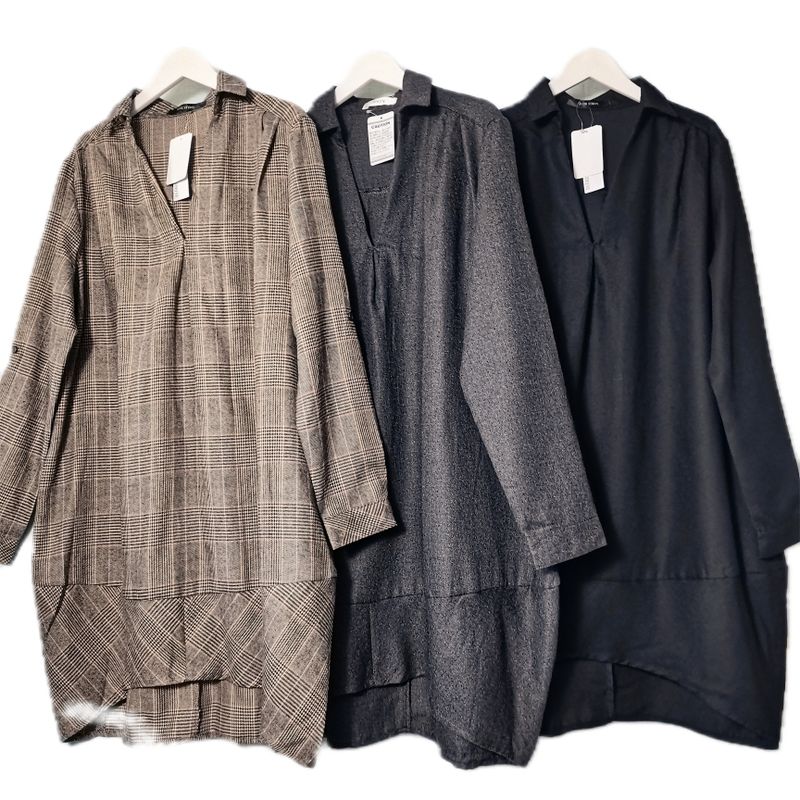 Export Export Tail Goods V Neck Pullover Long Sleeves Mid Length Long Length Shirt Cocoon Shaped Wide Version Slim Fit Slimming Dress Spring & Fall