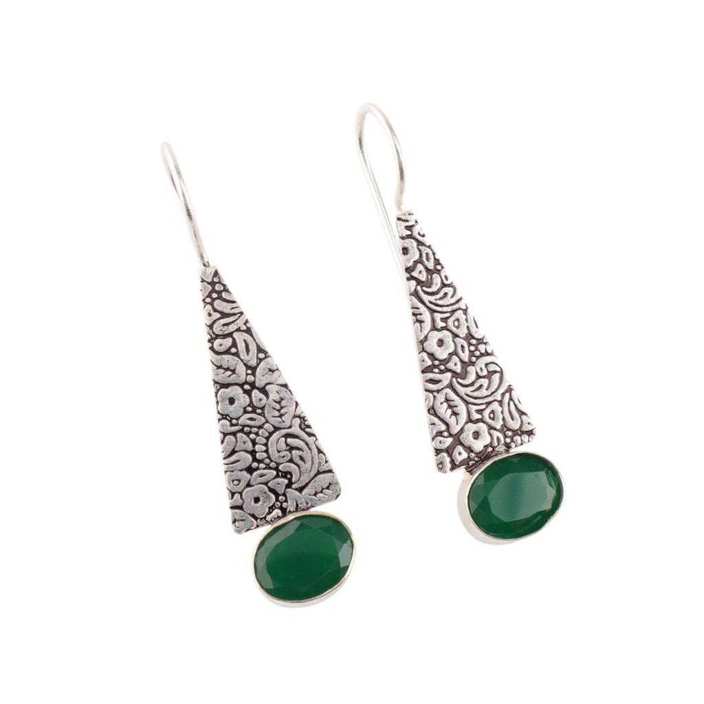 Natürlicher Grüner Onyx Edelstein 925 Sterling Silber Schmuck Handgefertigte Ohrringe 1,9" EE-165-17