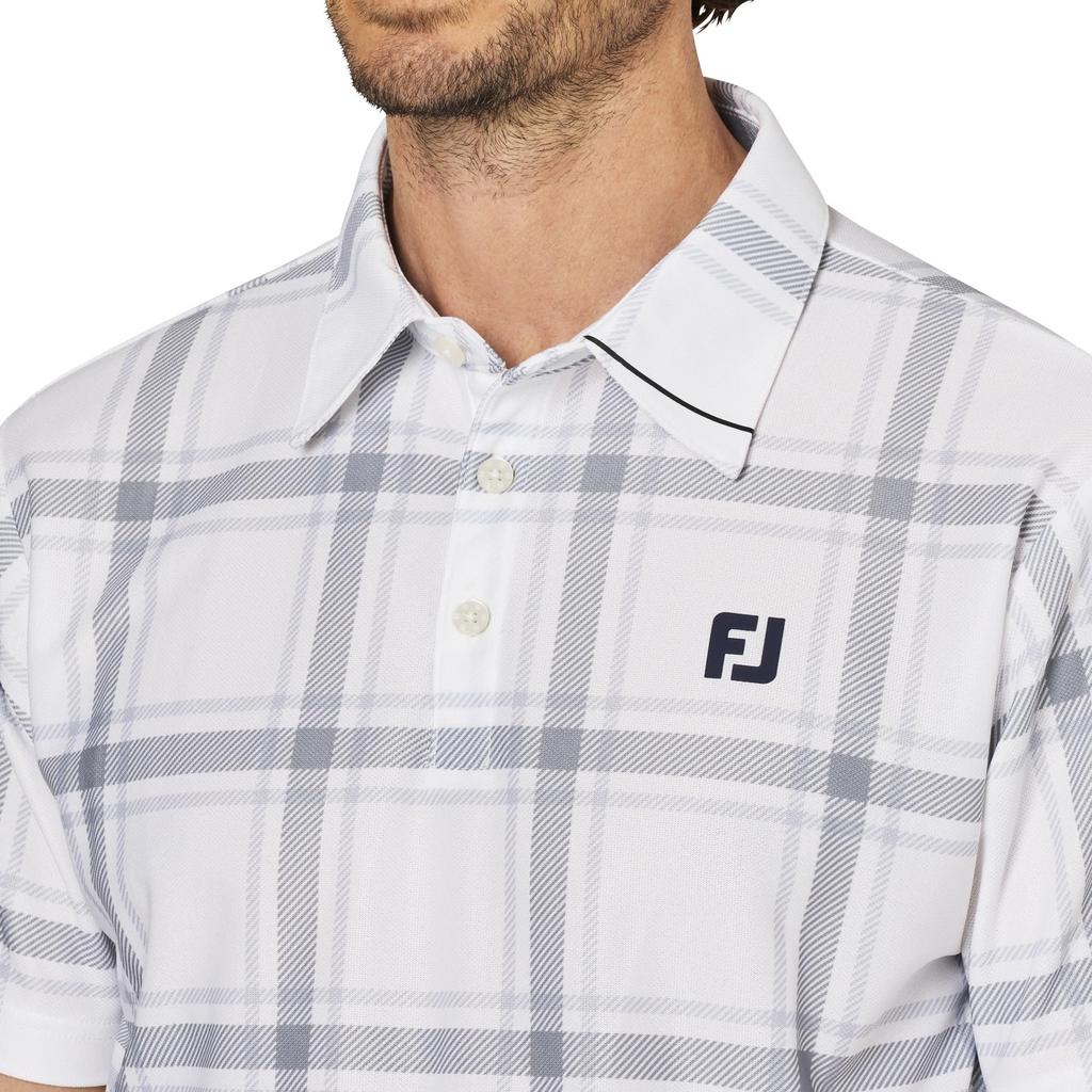 FootJoy Men's White Check Print Short Sleeve Pique Golf Shirt, Size M (FJ-S25-S04, 34682-M)