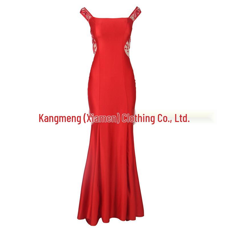 Women's Red Lace Embroidered Evening Gown: Elegant Chinese Bridesmaid or Welcoming Dress