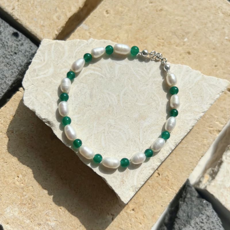 KIETIMOOR Green & Pearl Bracelet (Silver 925) Freshwater pearl green jade silver bracelet