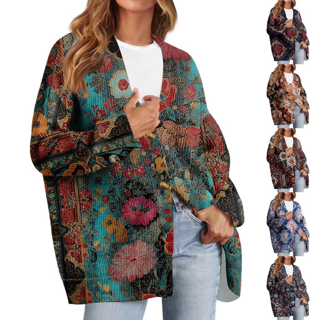 Women's Fashion Long Sleeve Print V-Neck Button Loose Cardigan Top