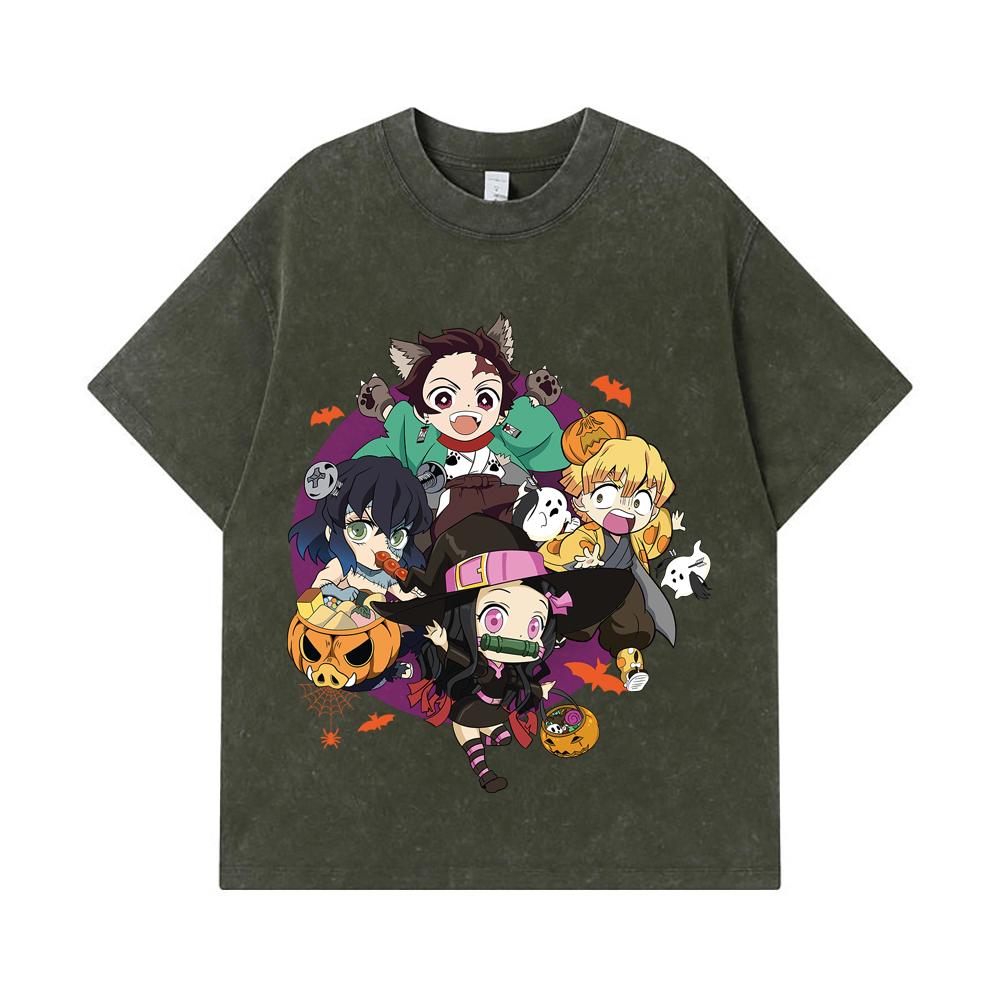

275 GSM Washed T-shirts 100% Cotton Demon Slayer V111 Halloween Print Unisex Heavy Cotton T Shirt S