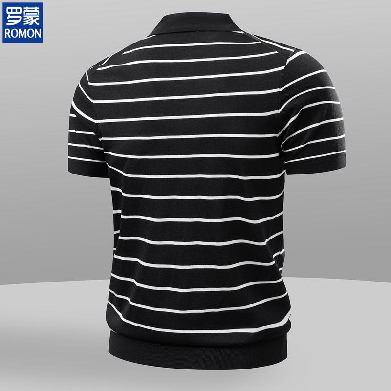 ROMON Men's Lyocell Ice Silk Striped Knit Polo Shirt
