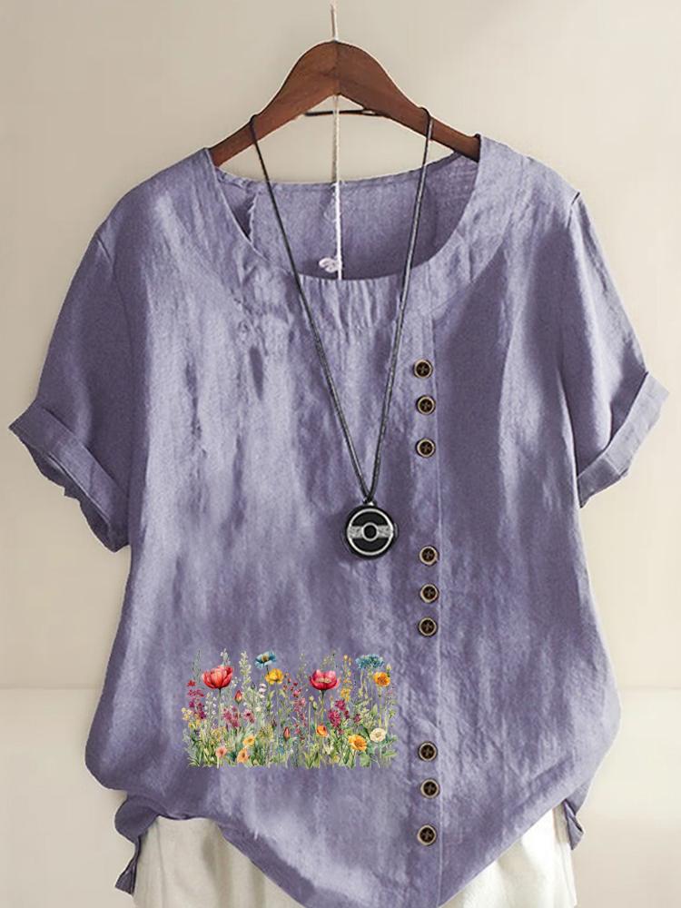 Women's Fashion Flower Bed Print Round Neck Short Sleeve T-shirt Casual Cotton Linen Graphic Shirt Leisure Loose Summer Blouse Tops