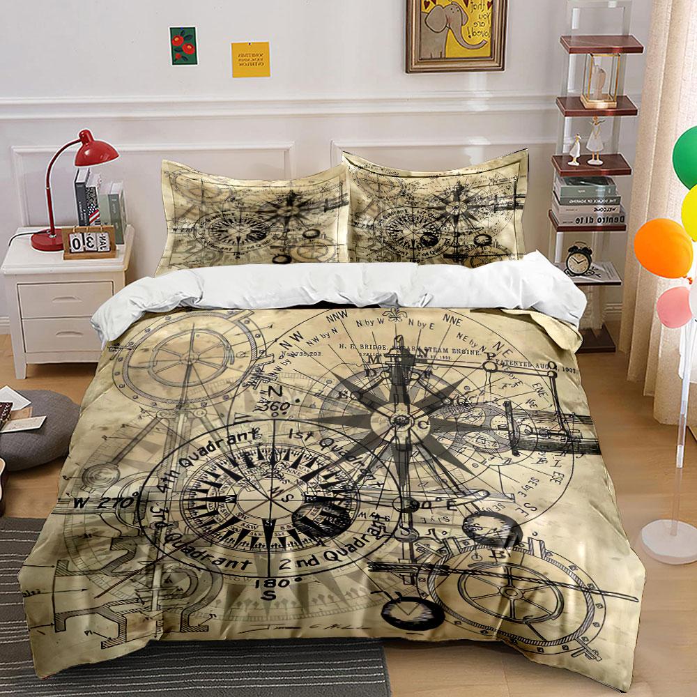 Steampunk Nautical Compass Art Bedding Duvet Cover Set Duvet Cover Pillowcases (1*Duvet Cover 2*Pillowcases, Without Duvet Insert)