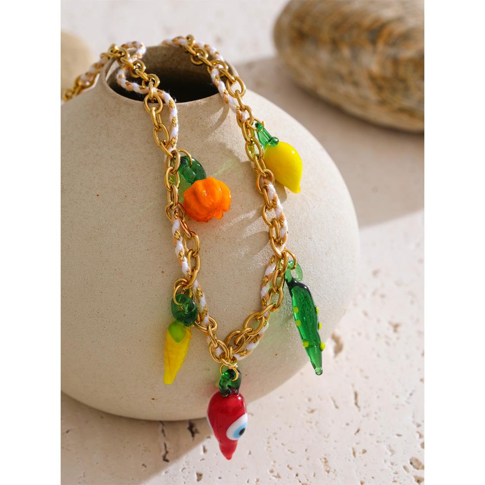 Eetit Popular Rope Braided Pumpkin Lemon Chilli Charm Necklace Pendant Stain Less Metal Creative Exclusive Jewellery Gift