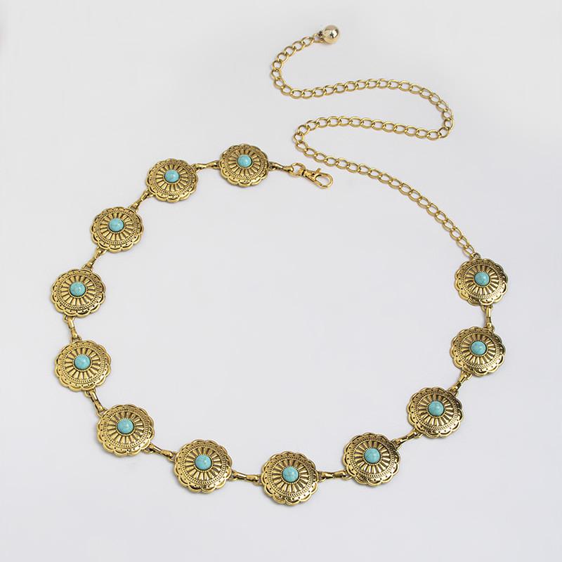 Turquoise Style Western Silver Metal Waist Chain With Carved Details Women For