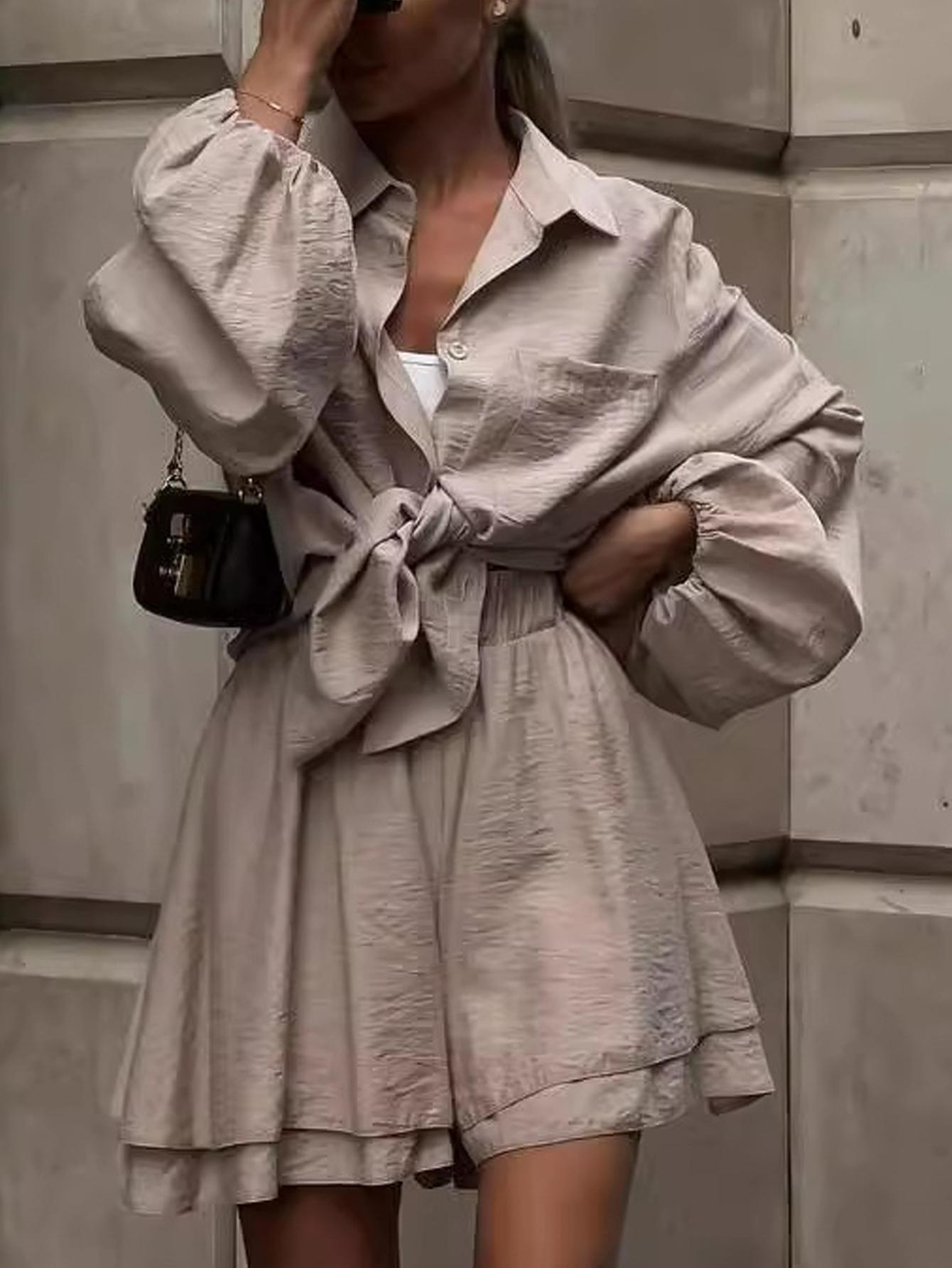 2025 summer European and American women s clothing Amazon cross-border long-sleeved top ruffle edge shorts casual fashion suit women S хаки