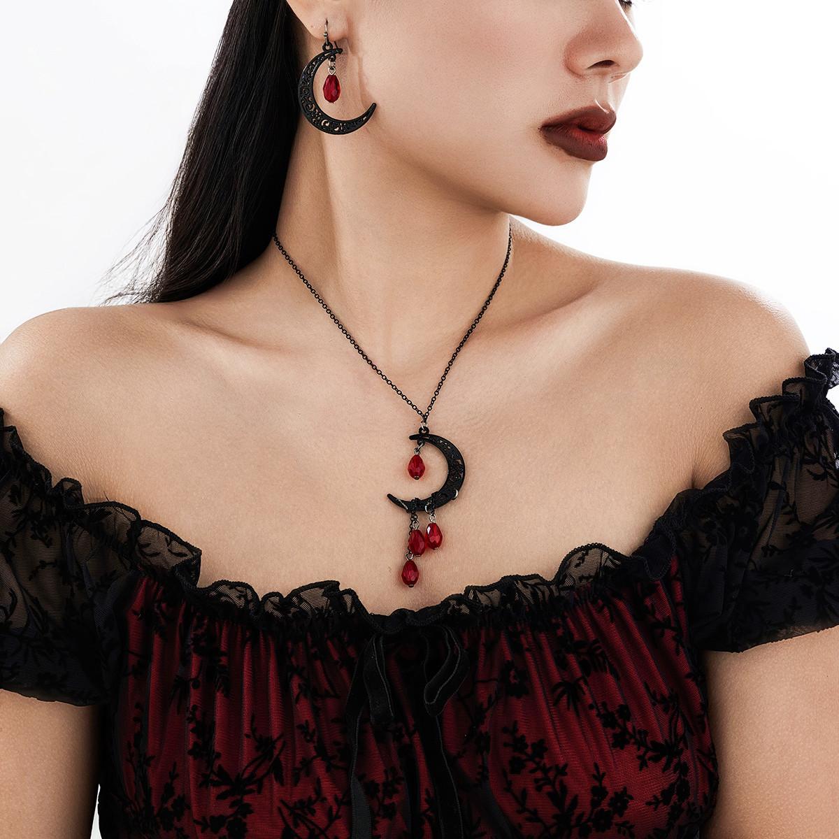 Gothic Dark Moon Pendant Necklace, Crystal Blood Dripping Beads Chain Necklace Earrings