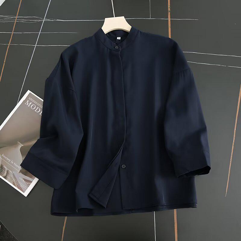 2025 Spring/Summer Drapey Seven-Sleeve Shirt & Thin Jacket with Stand-Up Collar - Japanese Style Women's Casual Wear