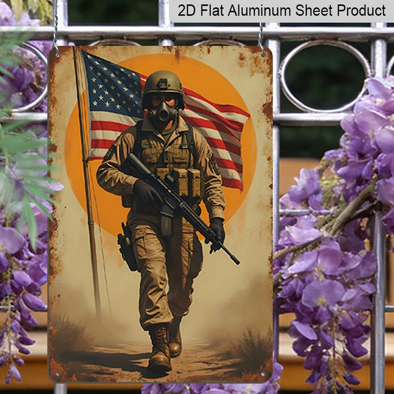 2D Flat Decorative Aluminum Sign Plaque 1pc 8x12 Inch Sign with Message "American Flag and Soldiers" Perfect Room Decor for Veteran Room, Living