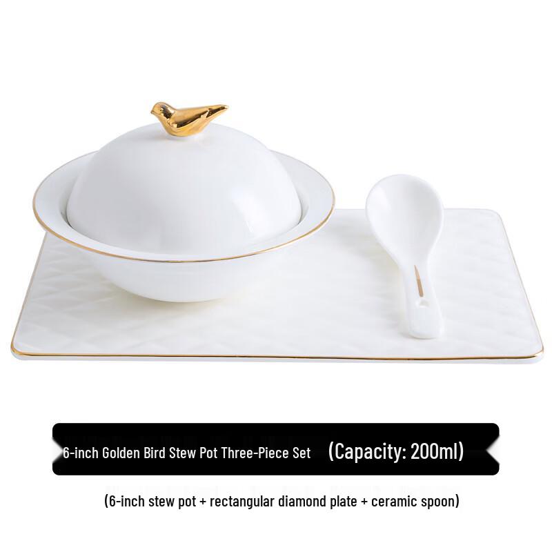 Commercial Ceramic Gold-Rimmed Lidded Stew Cup