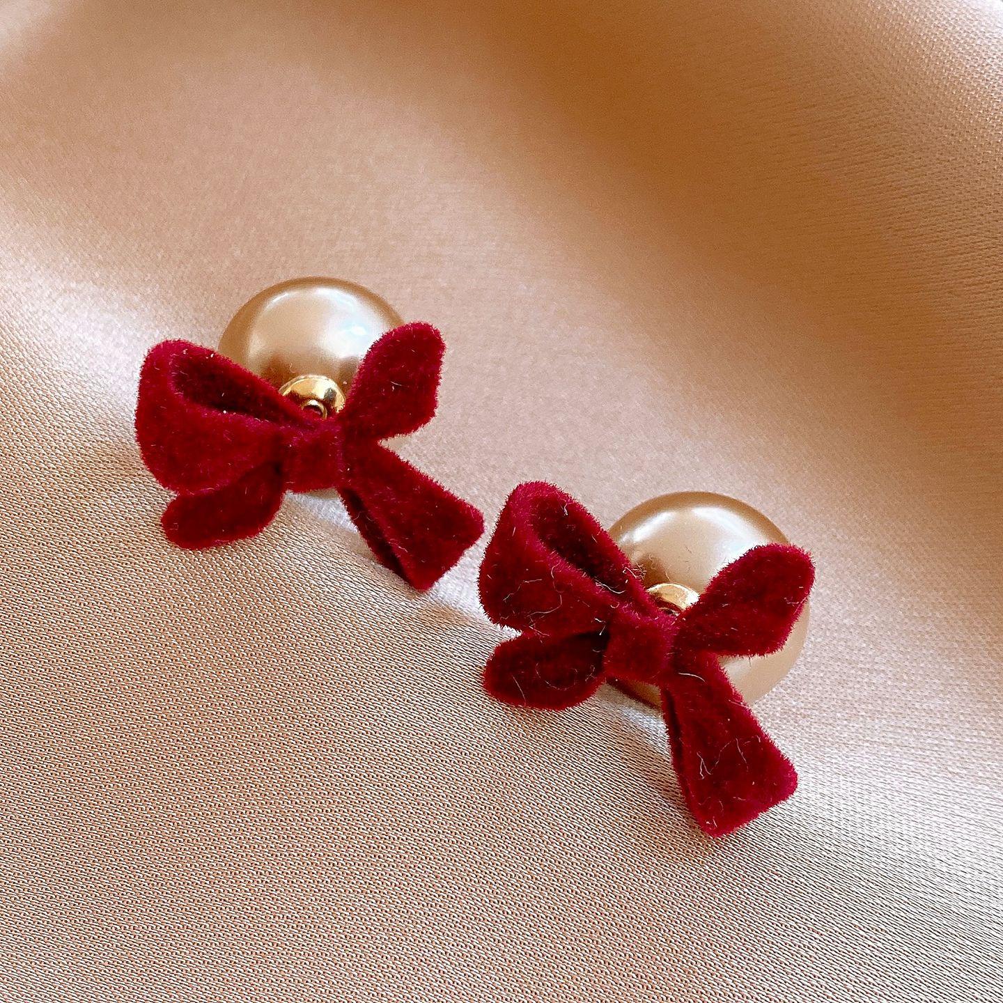 Французские элегантные серьги-гвоздики с жемчугом и бантом из флока, серьги с характером, изысканные серьги