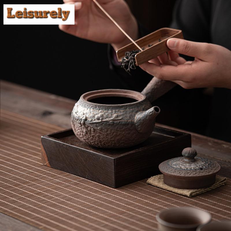 Japanese Style Gilded Iron Glaze Charcoal Stove Tea Brewing Lifting Beam Pot Open Flame Burning Rough Pottery Side Hanlde Kettle