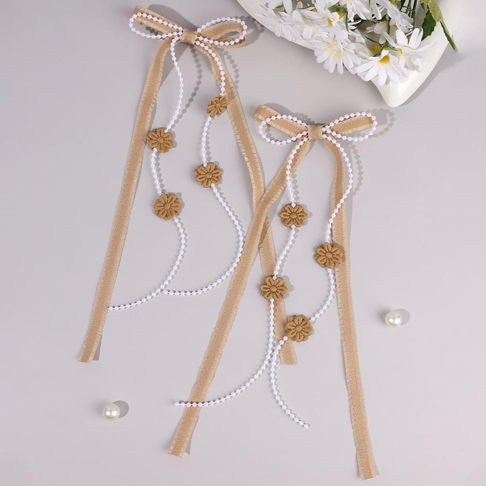 2Pcs White Satin Bow Hair Clips With Pearl Chains Elegant Long Ribbon Hairpins Sweet Romantic Hair Accessories For Girls Women